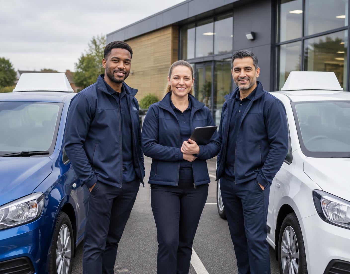 Team of UK driving instructors standing beside driving school tuition cars